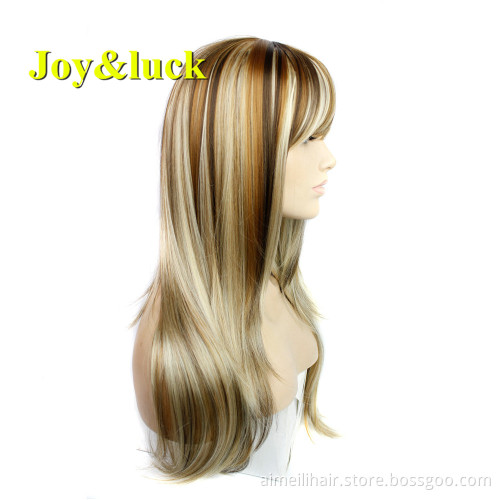 Long Straight Wig Brown Mix Blonde Synthetic Wigs for Women High Temperature Fiber Cosplay Or Daily Hair Wig